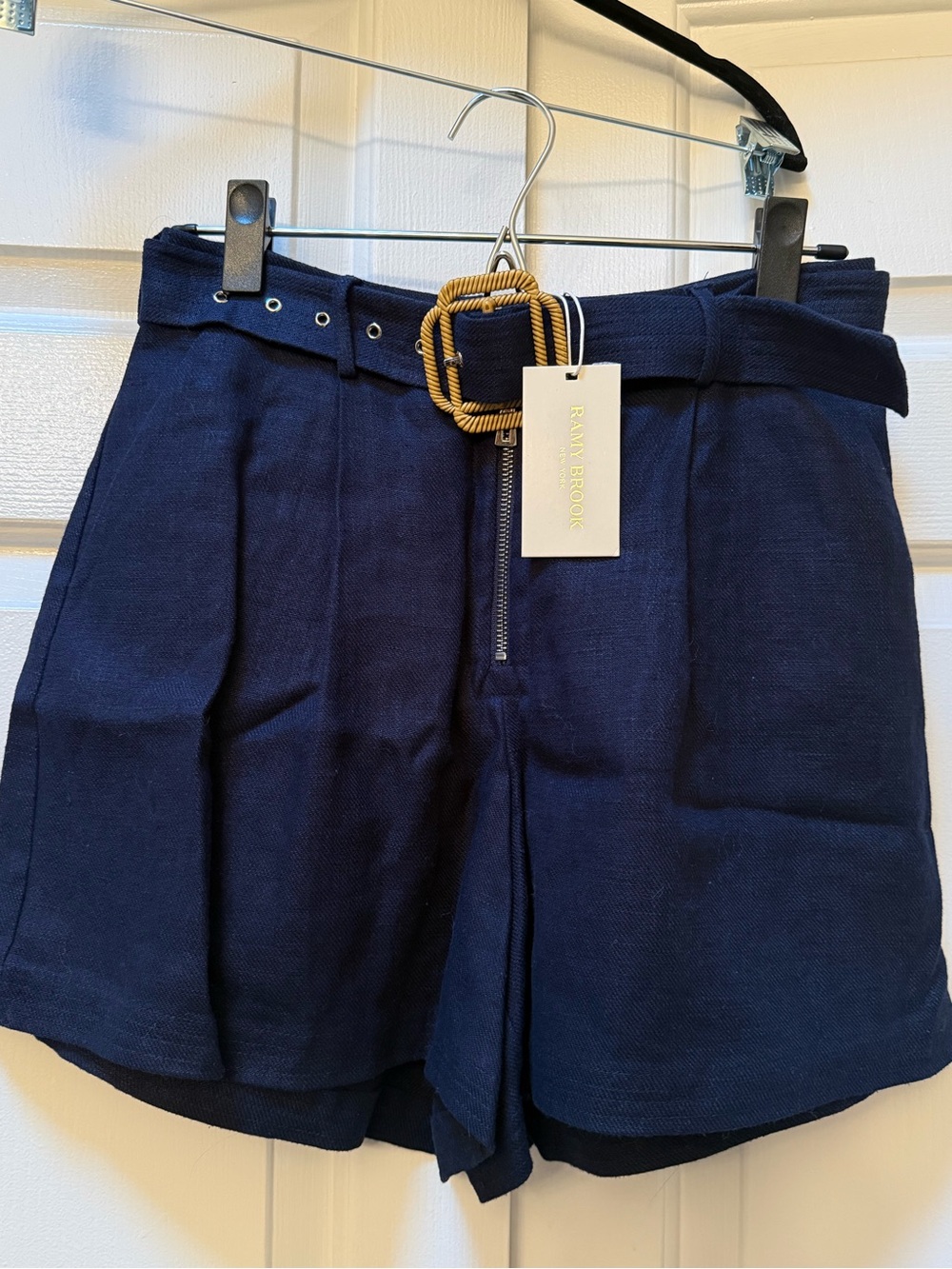 Ramy Brook Navy High-Rise Belted Skort with Woven Buckle